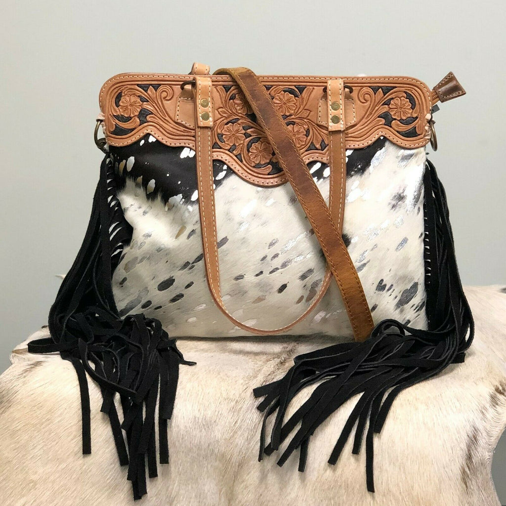 cowhide fringe crossbody purse