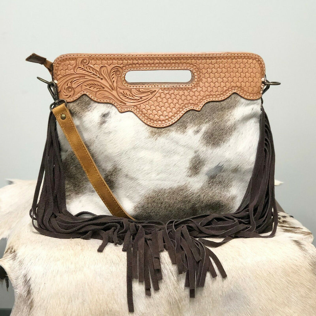 American Darling Brown And White Cowhide Fringe Purse Adbgs145brw