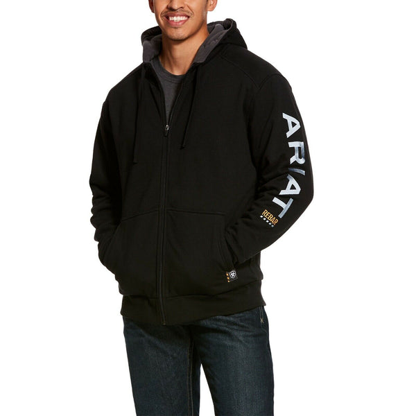 Ariat® Men's Rebar Black All-Weather Zip-Up Logo Hoodie 10027833 – Wild ...