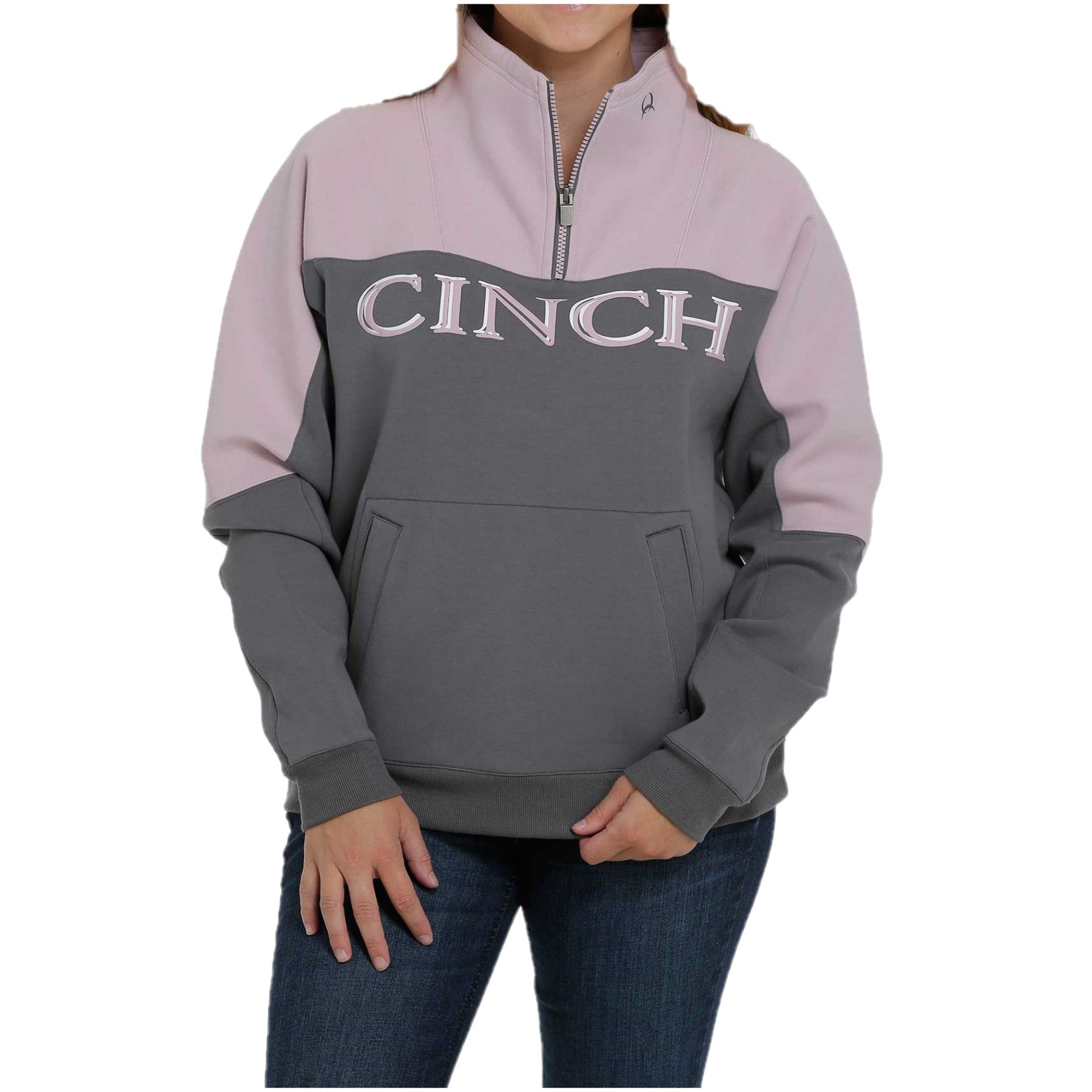 Cinch Ladies Long Sleeve Quarter Zip Grey & Pink Pullover MAK7867002
