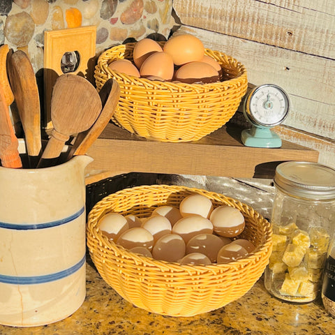 Sunlight on baskets of eggs
