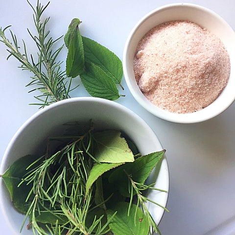 rosemary herb, basil herb, and himalayan salt in bowls in cottagecore kitchen