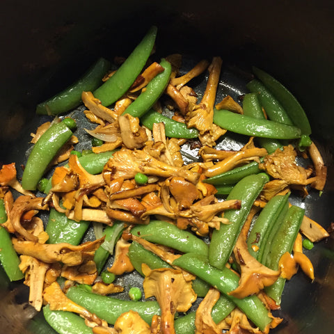 Stir-fry sweet peas and Chantrelle mushrooms