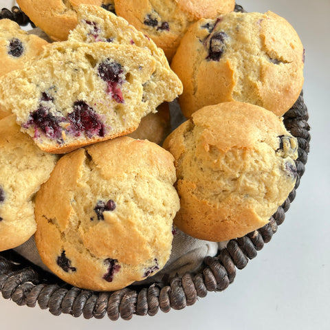 Fluffy Blueberry Muffins displayed in a Basket