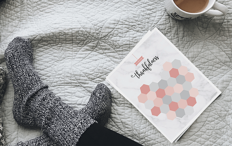 31 Days Of Thankfulness Free Printable Sheet - cozy layout on a bed with coffee and warm socks