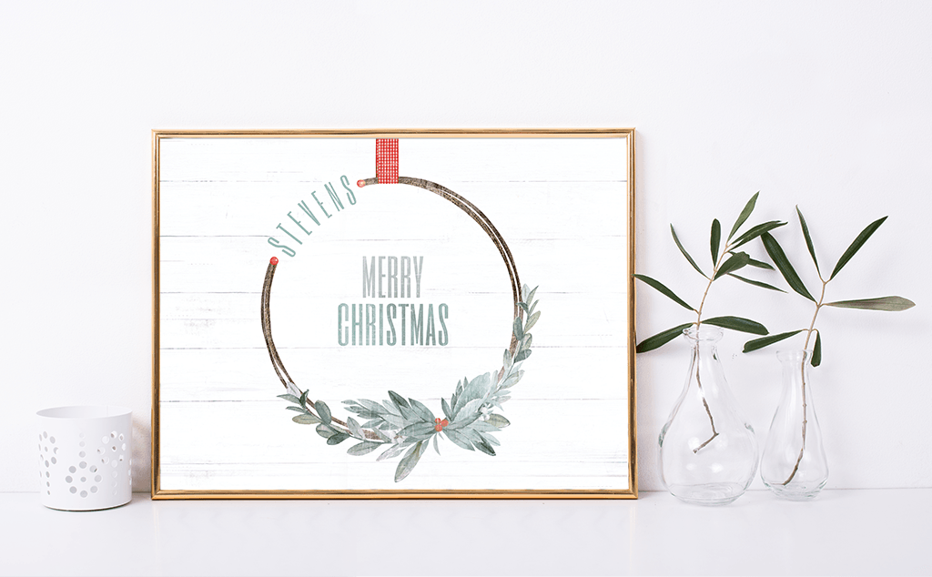 Merry Wreath Personalized Print on a shelf in a white decor home