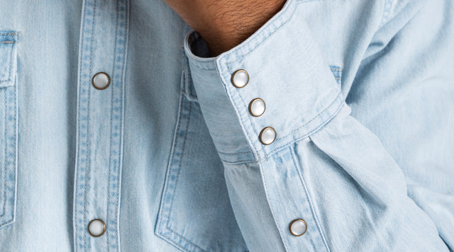 light blue pearl snap shirt