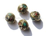4 BEADS - Ethnic Tibetan Nepalese Floral Disc Brass Beads with Brass, Turquoise & Coral Inlays - B1800-4