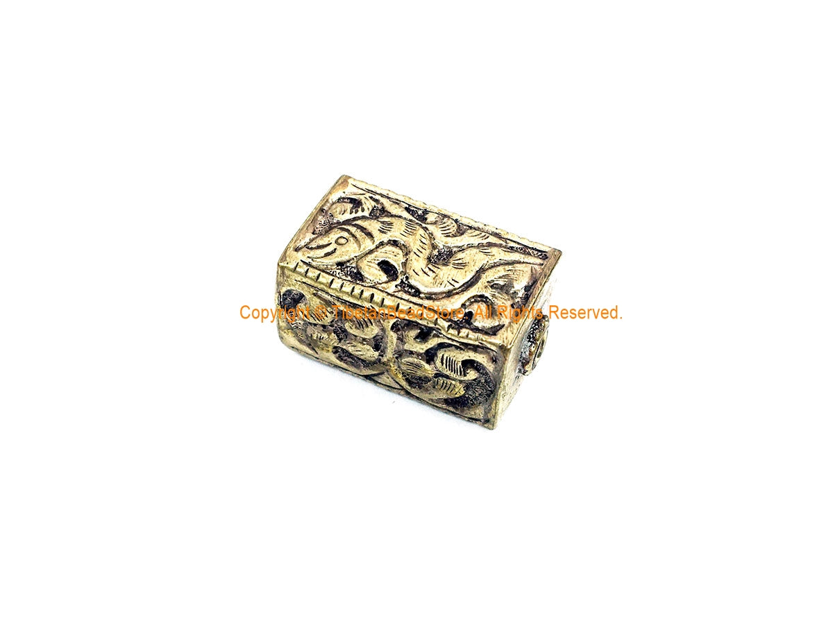 1 BEAD - Repousse Carved Tibetan Silver Rectangular Box Shaped Tibetan Bead with Snake & Floral Details - Tibetan Pendant Beads - B3080C-1