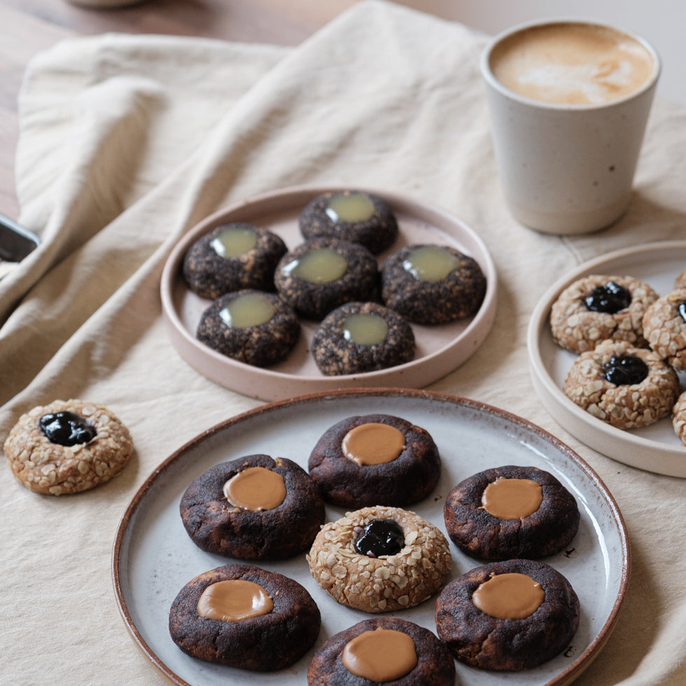 DOR & TAN chocolate and peanut butter thumbprint cookies vegan vegetarian