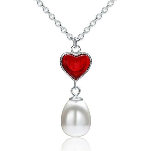 Necklace Romantic Love Heart Hanging Pearl with Silver