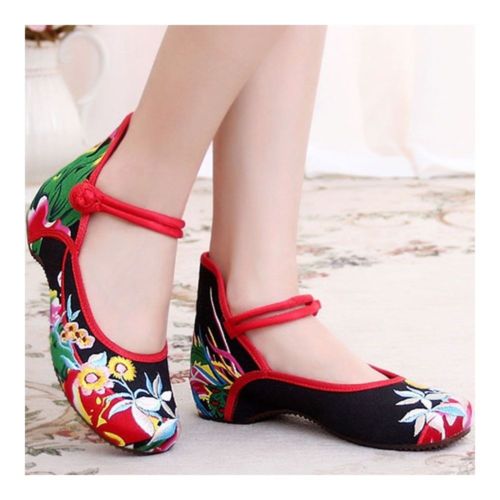 Chinese Embroidered Floral Shoes Women Ballerina Mary Jane Flat Ballet Cotton Lo