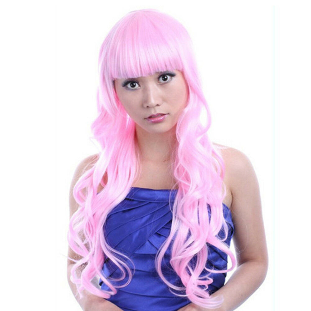 60cm Long Curly Front Lace Cosplay Party one piece Hair cap Wig  Pink