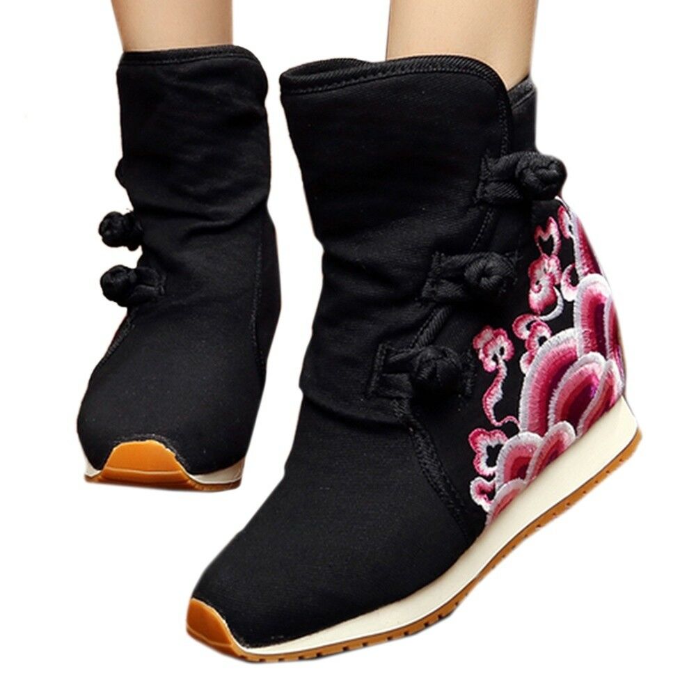 Wave Vintage Beijing Cloth Shoes Embroidered Boots black 35