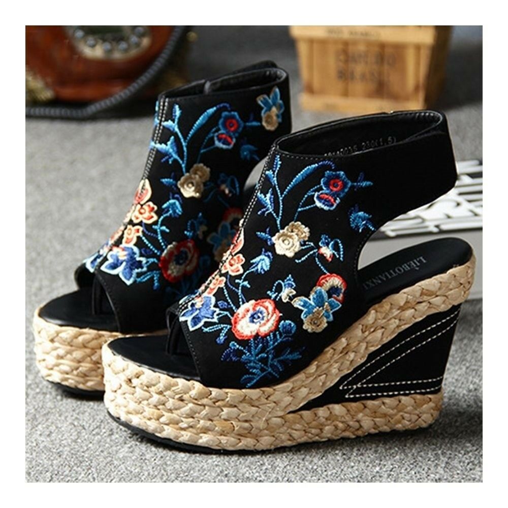 High Heel Embroidered Shoes Slipsole Sandals   black