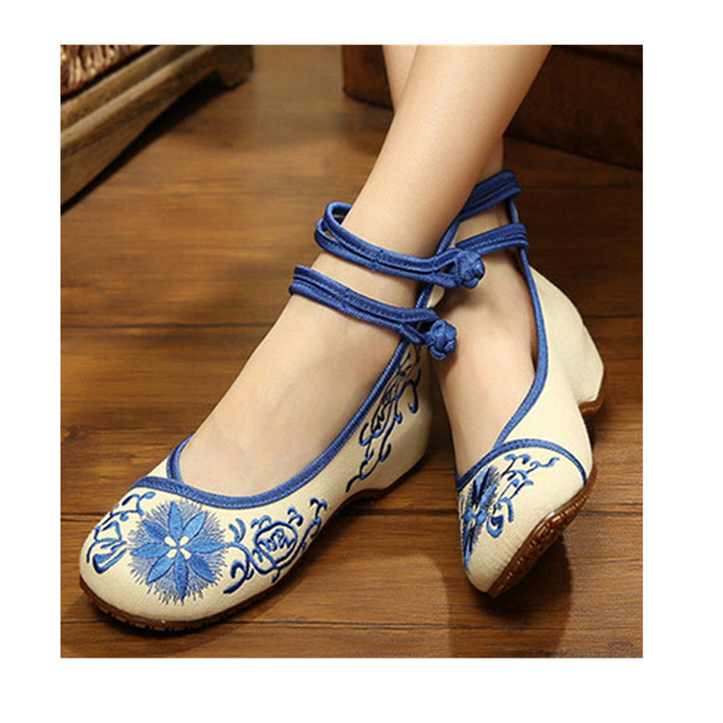 Vintage Chinese Embroidered Floral Shoes Women Ballerina Mary Jane Flat Ballet Cotton Loafer Blue