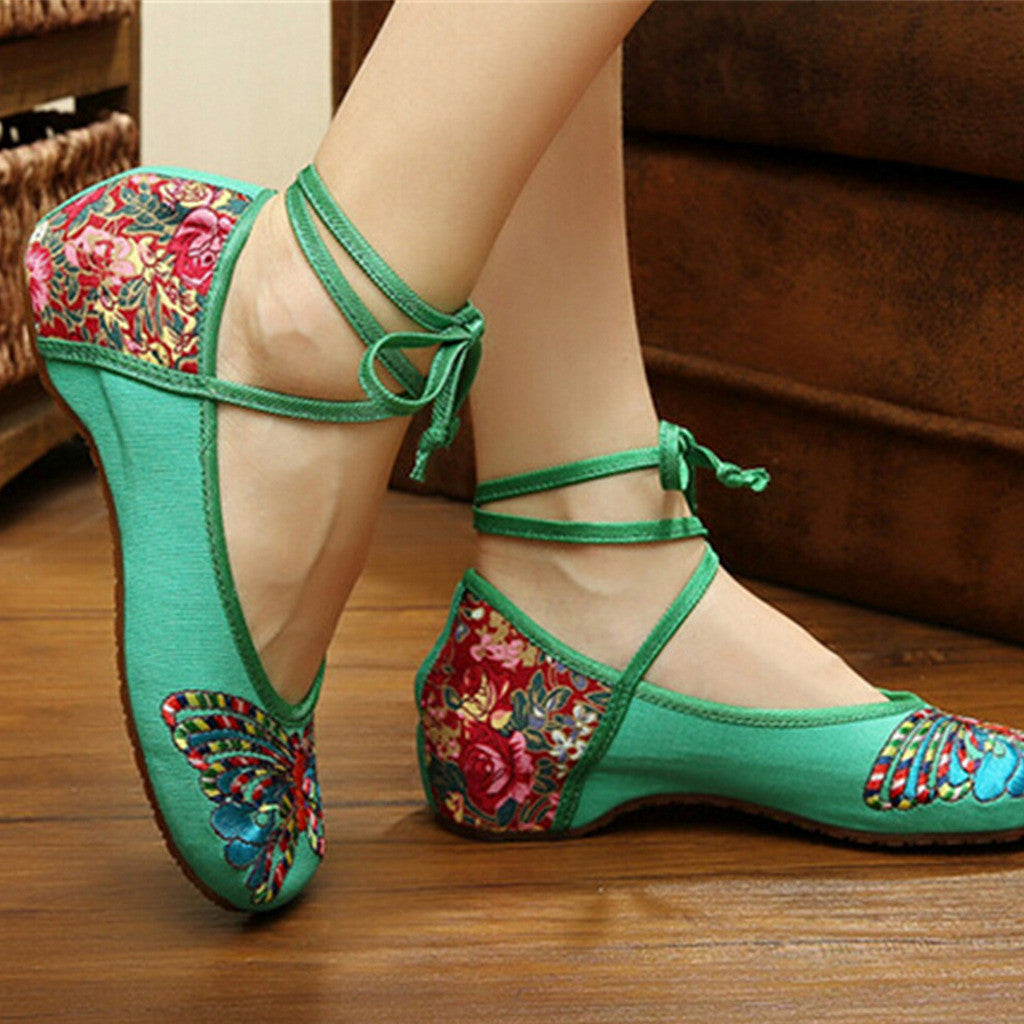 Vintage Chinese Embroidered Floral Shoes Women Ballerina Mary Jane Flat Ballet Cotton Loafer Green