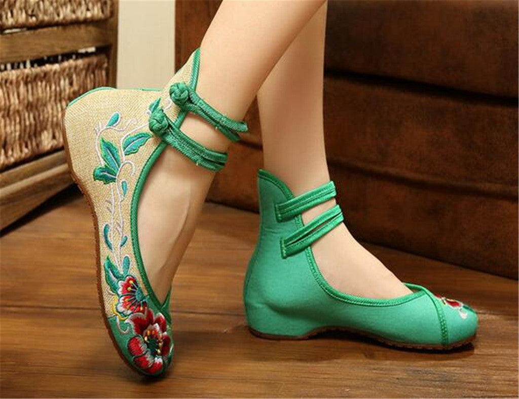 Vintage Embroidered Flat Ballet Ballerina Chinese Mary Jane Shoes for Women in Cotton Green Floral D