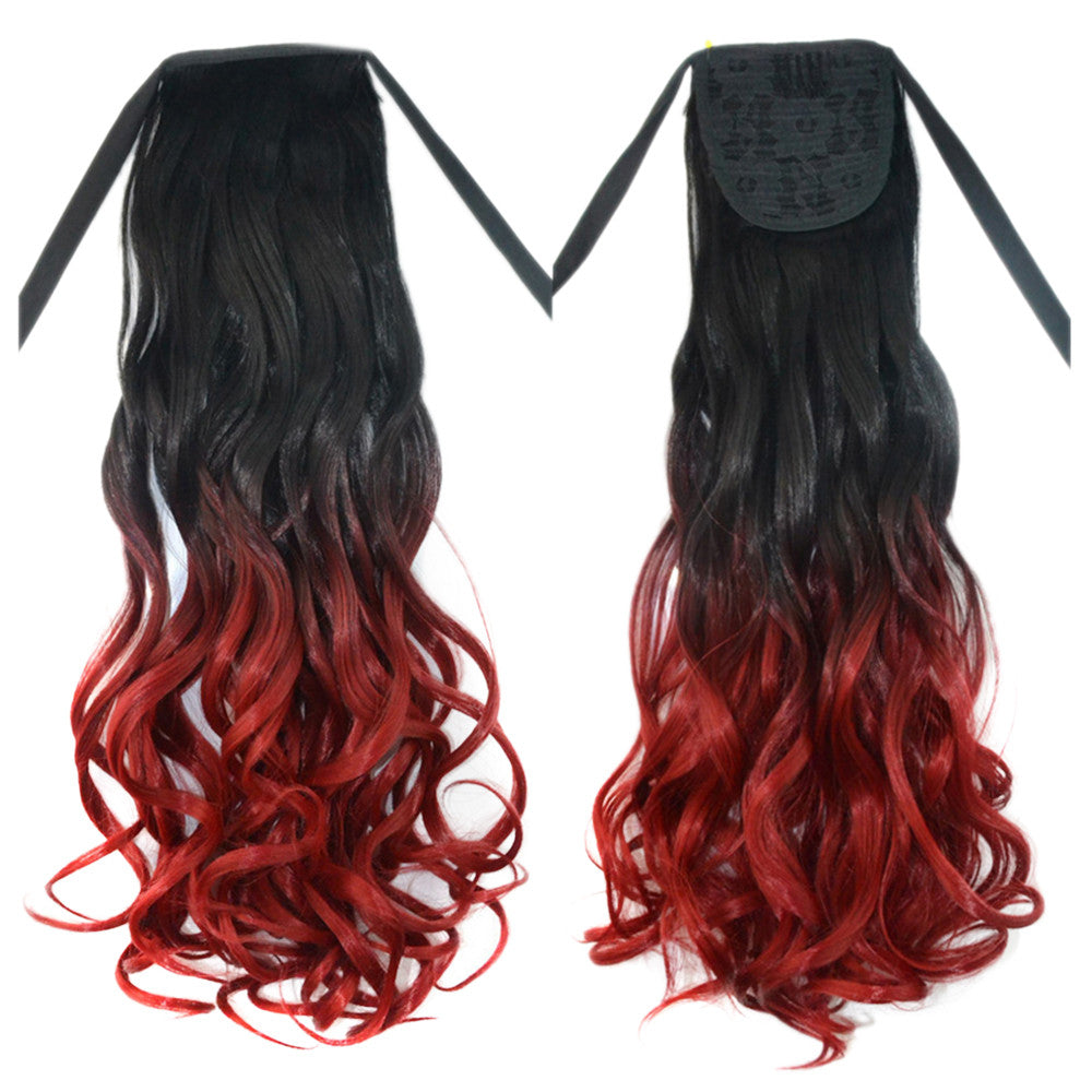 Wig Long Curled Hair Horsetail Gradient Ramp    black bright red C03-1BTRED#