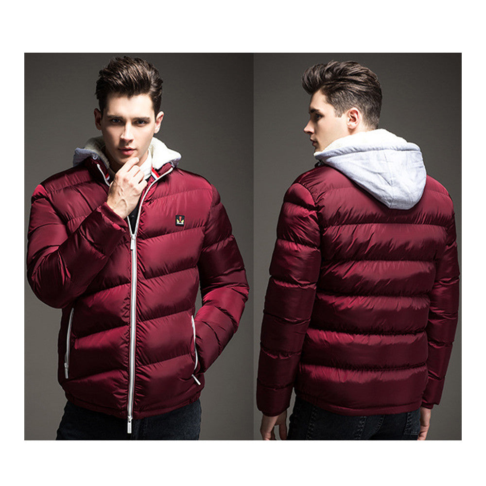 Man Cotton Coat Solid Color Warm Hoodied  wine red   M