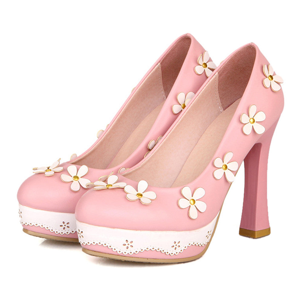 Thick High Heel Platform Flower Splicing Low-cut Round Thin Shoes   pink