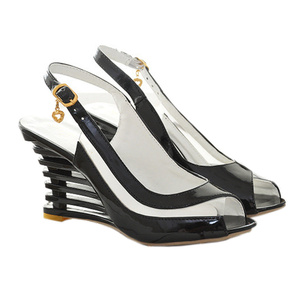 Casual Comfortable Slipsole Peep-toe Sandals Buckle Patent Leather   black