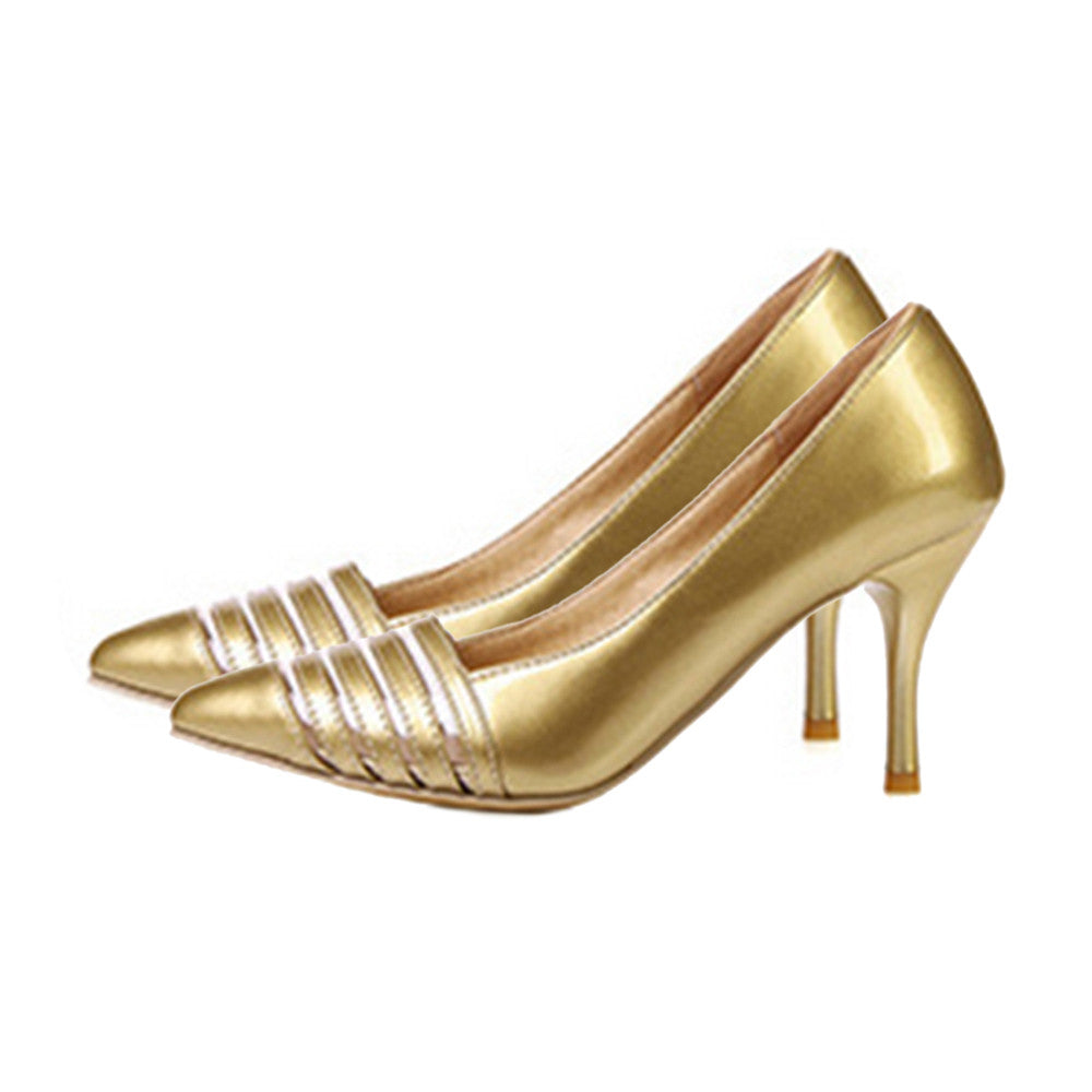 High Heel Low-cut Thin Pointed Shoes Plus Size Fashionable   golden