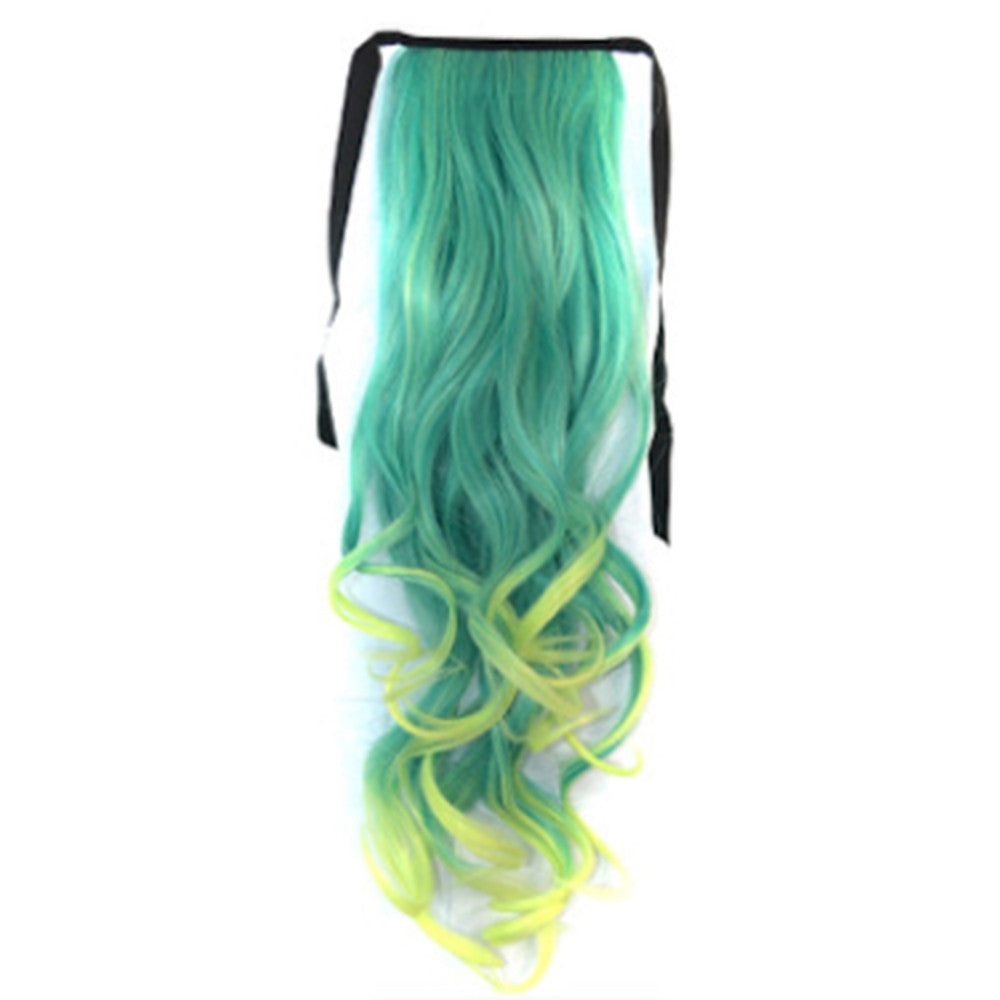 Gradient Ramp Horsetail Lace-up Curled Wig KBMW peacock green to mint yellow