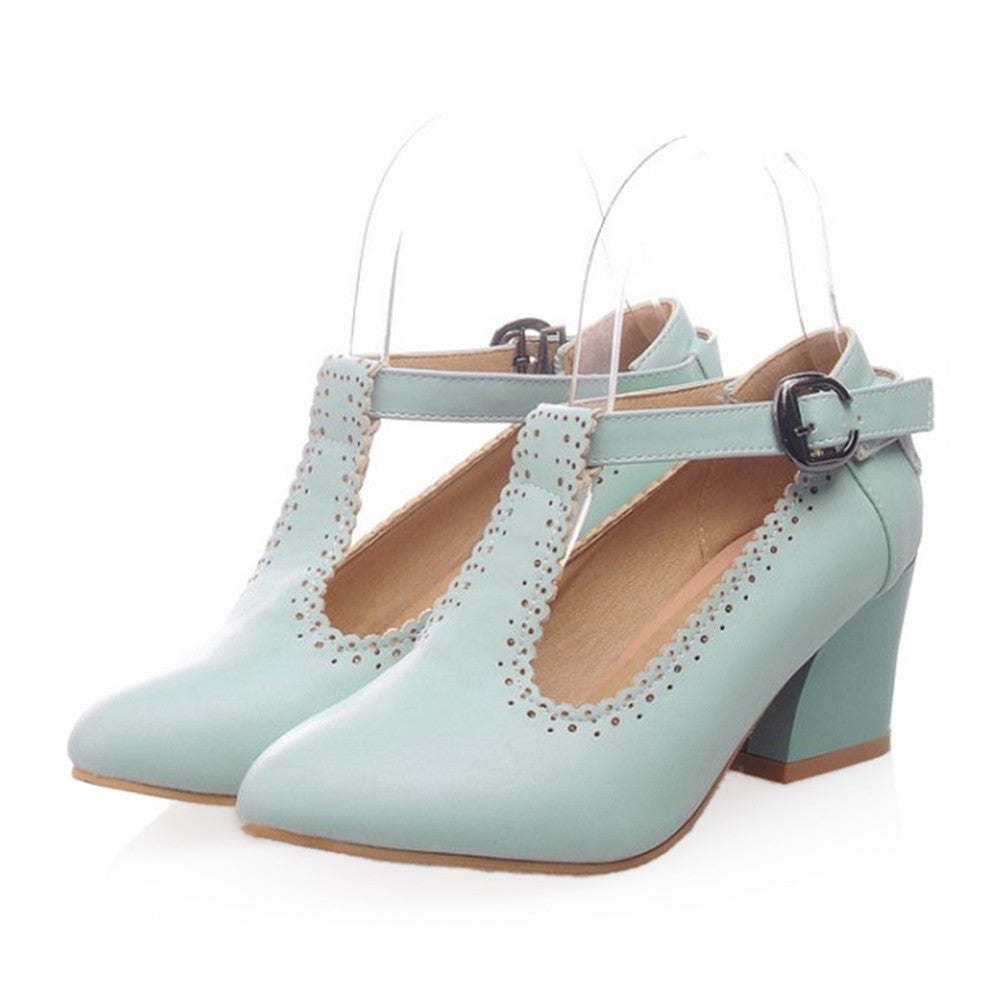 Small Pointed Buckle Thick Heel Thin Shoes  blue