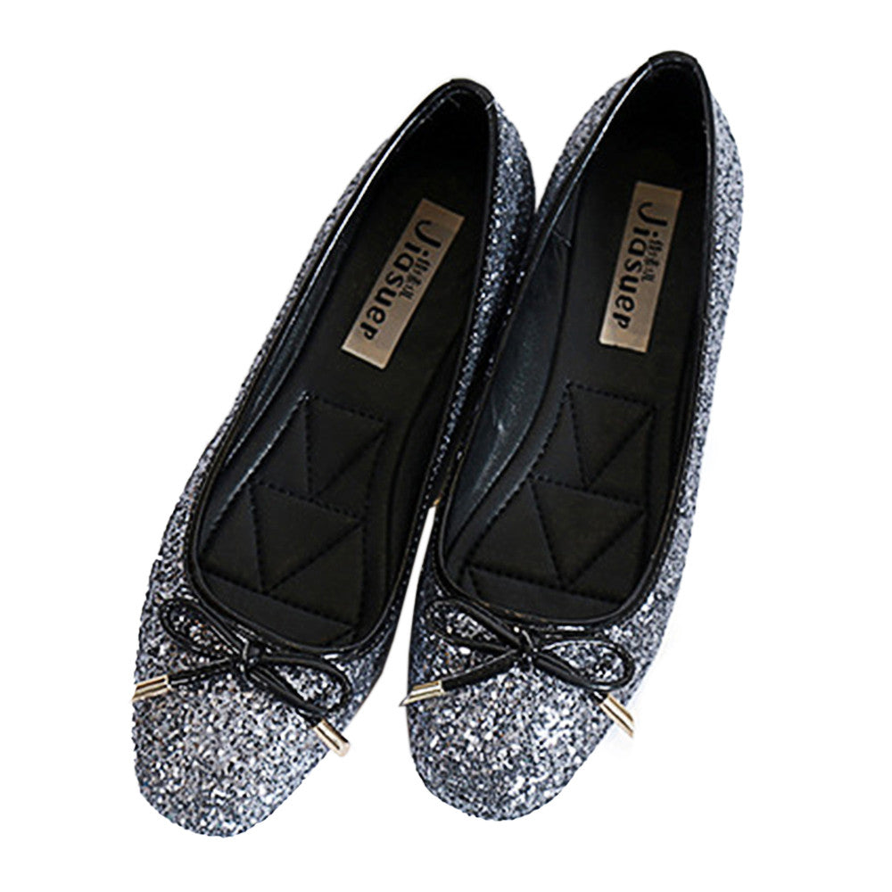 Metal Paillette Dazzling Bowknot Square Flat Thin Shoes  grey