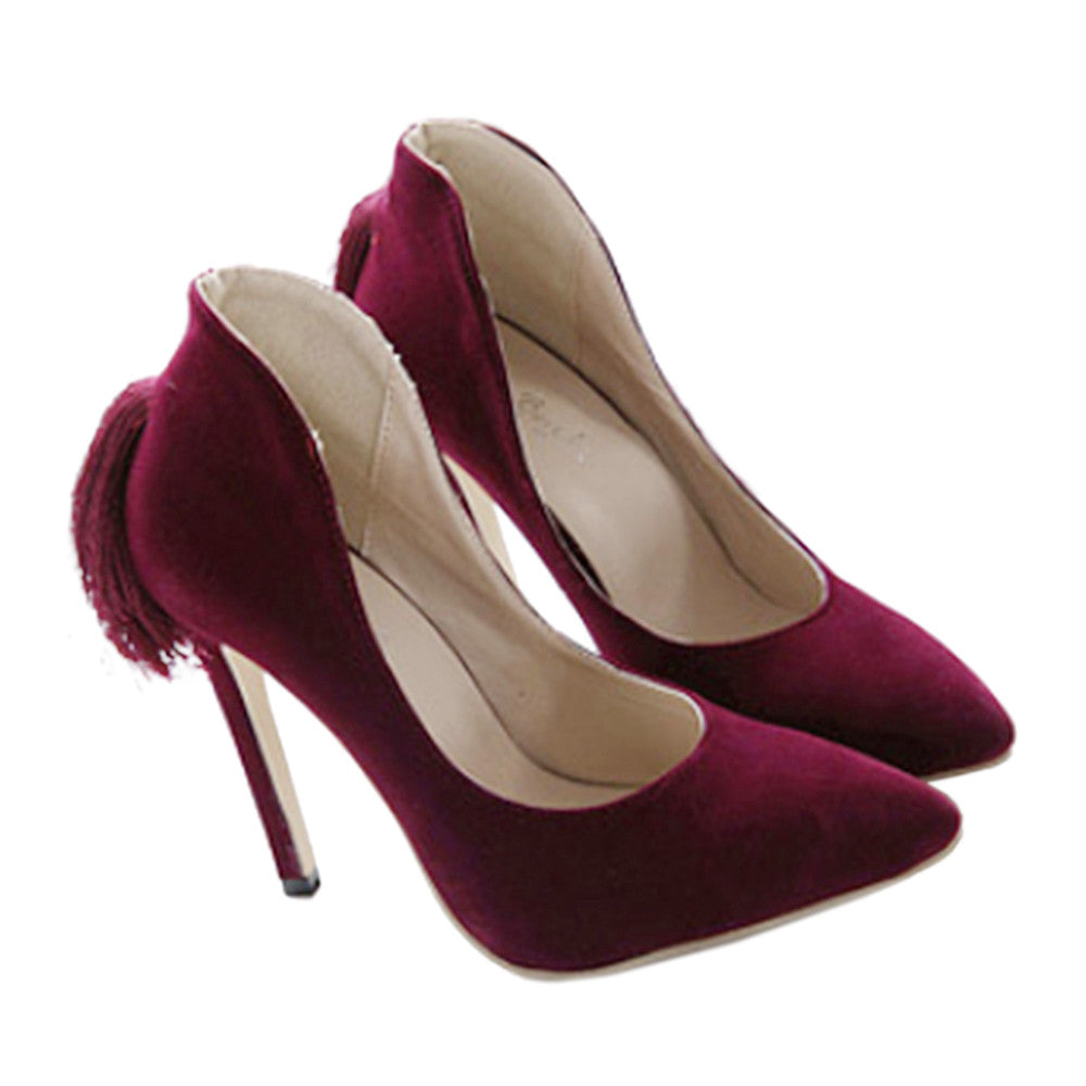 Back Heel Tassel Pointed Thin High Heel Low-cut Wedding Shoes   wine red  35