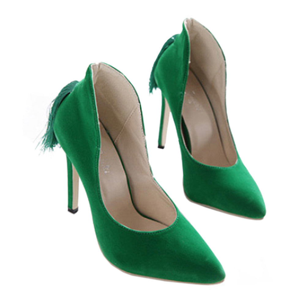 Back Heel Tassel Pointed Thin High Heel Low-cut Wedding Shoes   green