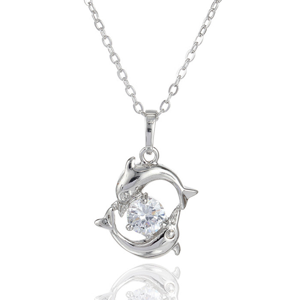 Dolphin Pendant 18K Gold Platinum Plated Diamanted with Austrian Zircon Necklace   white