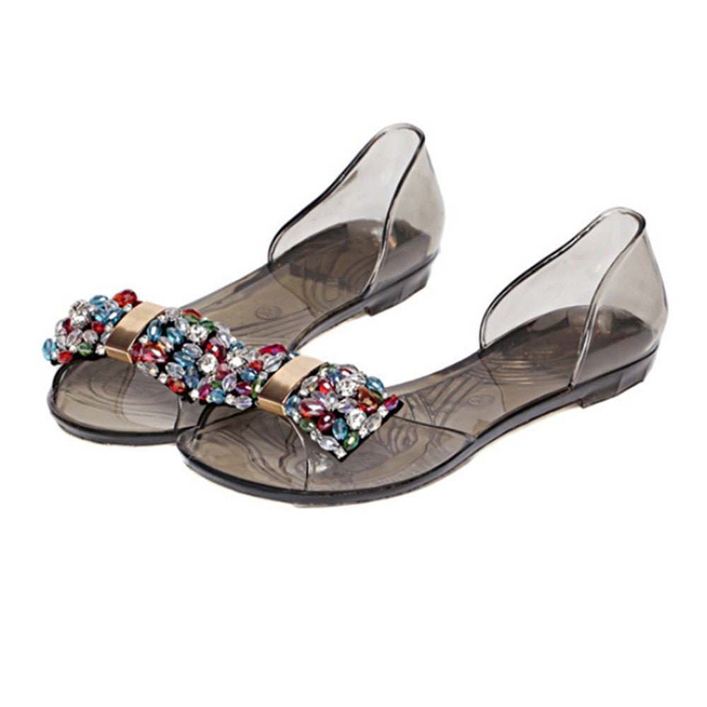 Bowknot Dot Transparent Jelly Shoes Peep-toe Sandals Beach   black   35