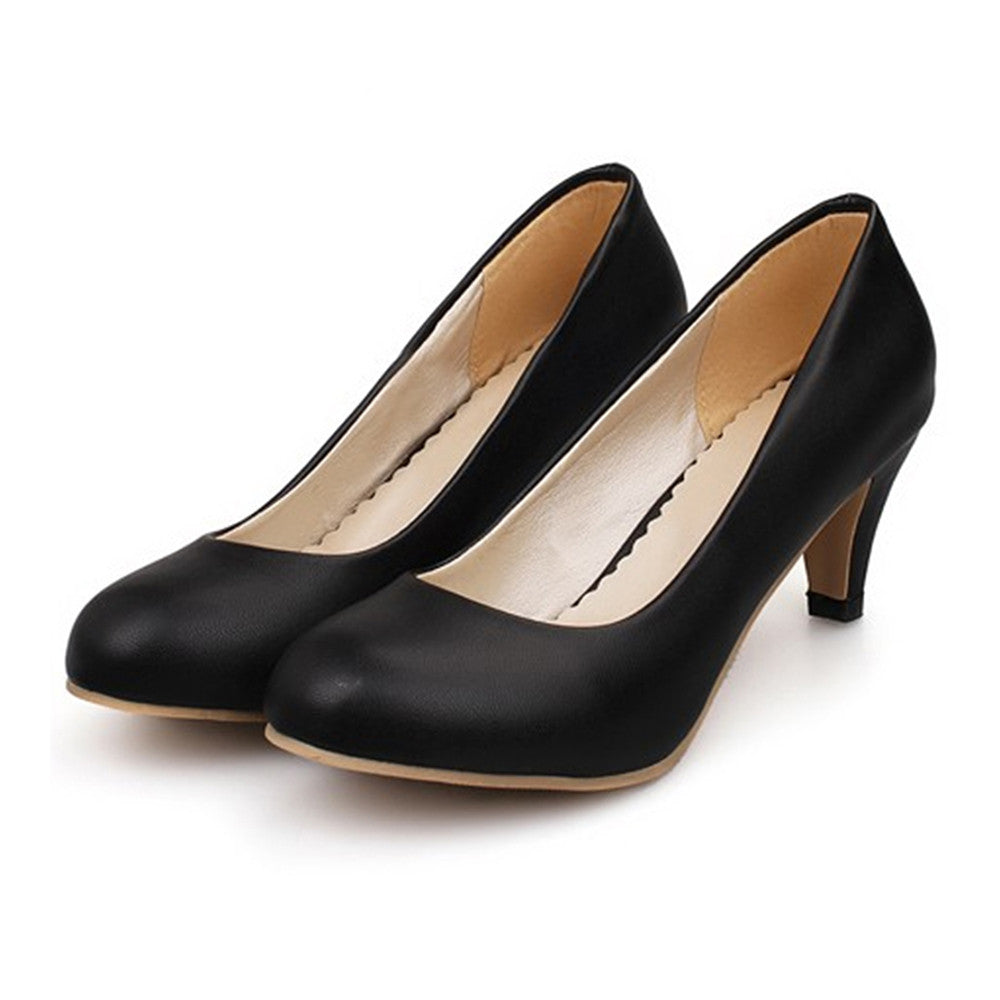 Plain Low-cut Thin Shoes Round Middle Heel Work Plus Size  black