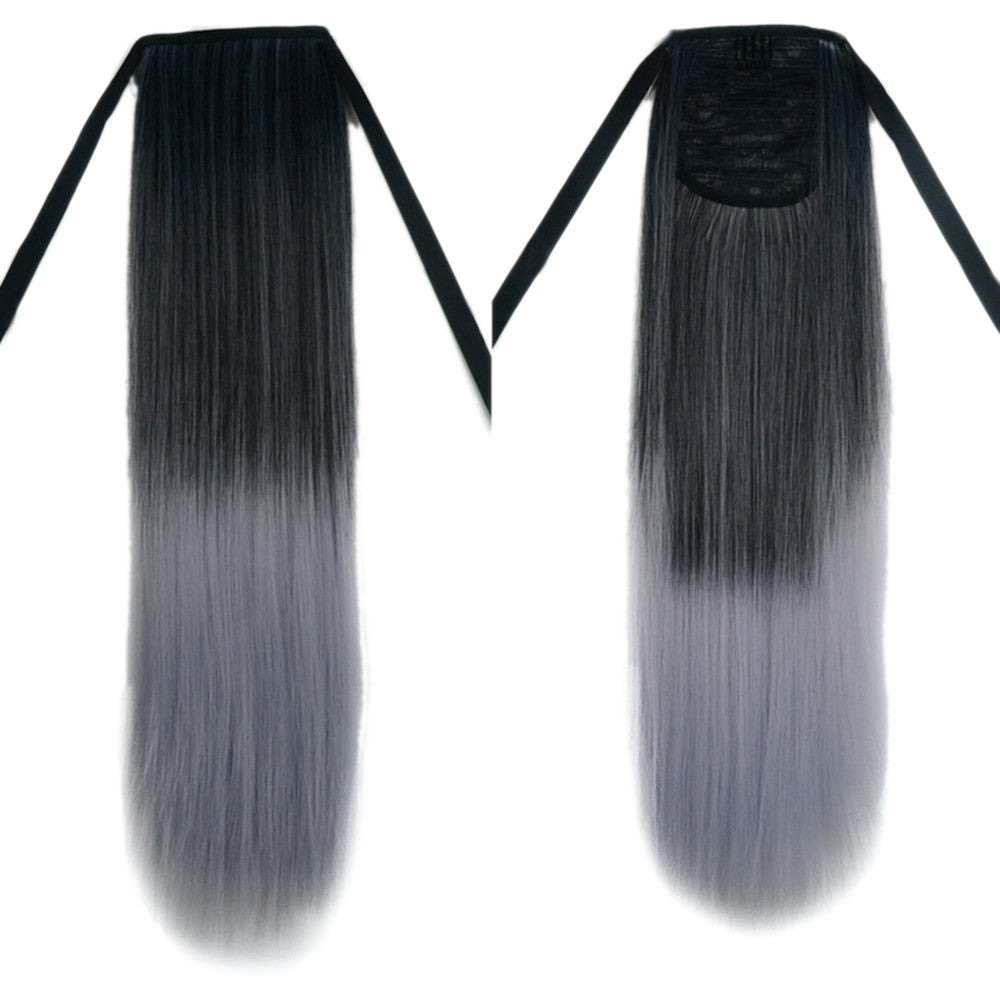 Gradient Ramp Horsetail Lace-up Straight Wig KBMW black to light granny grey