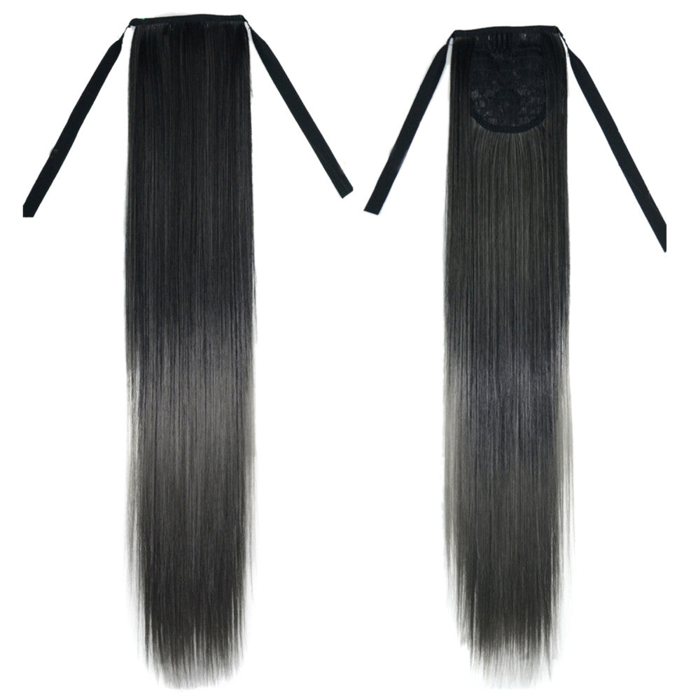 Gradient Ramp Horsetail Lace-up Straight Wig KBMW black to dark granny grey