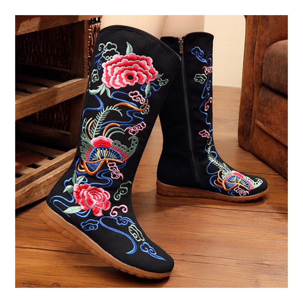 Vintage Beijing Cloth Shoes Embroidered Boots black