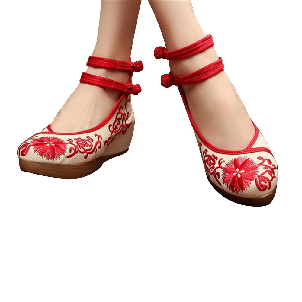 Mary Jane Chinese Shoes in Beautiful Red Embroidery & Ankle Straps with Floral Patterns