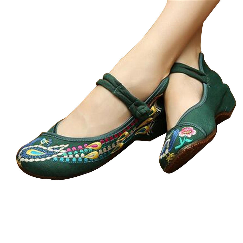 Vintage Chinese Embroidered Flat Ballet Ballerina Cotton Mary Jane Style Shoes for Women in Green Fl