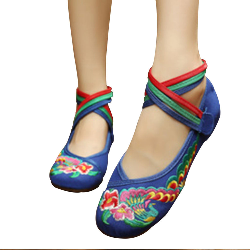 Chinese Embroidered Floral Shoes Women Ballerina Mary Jane Flat Ballet Cotton Loafer Blue