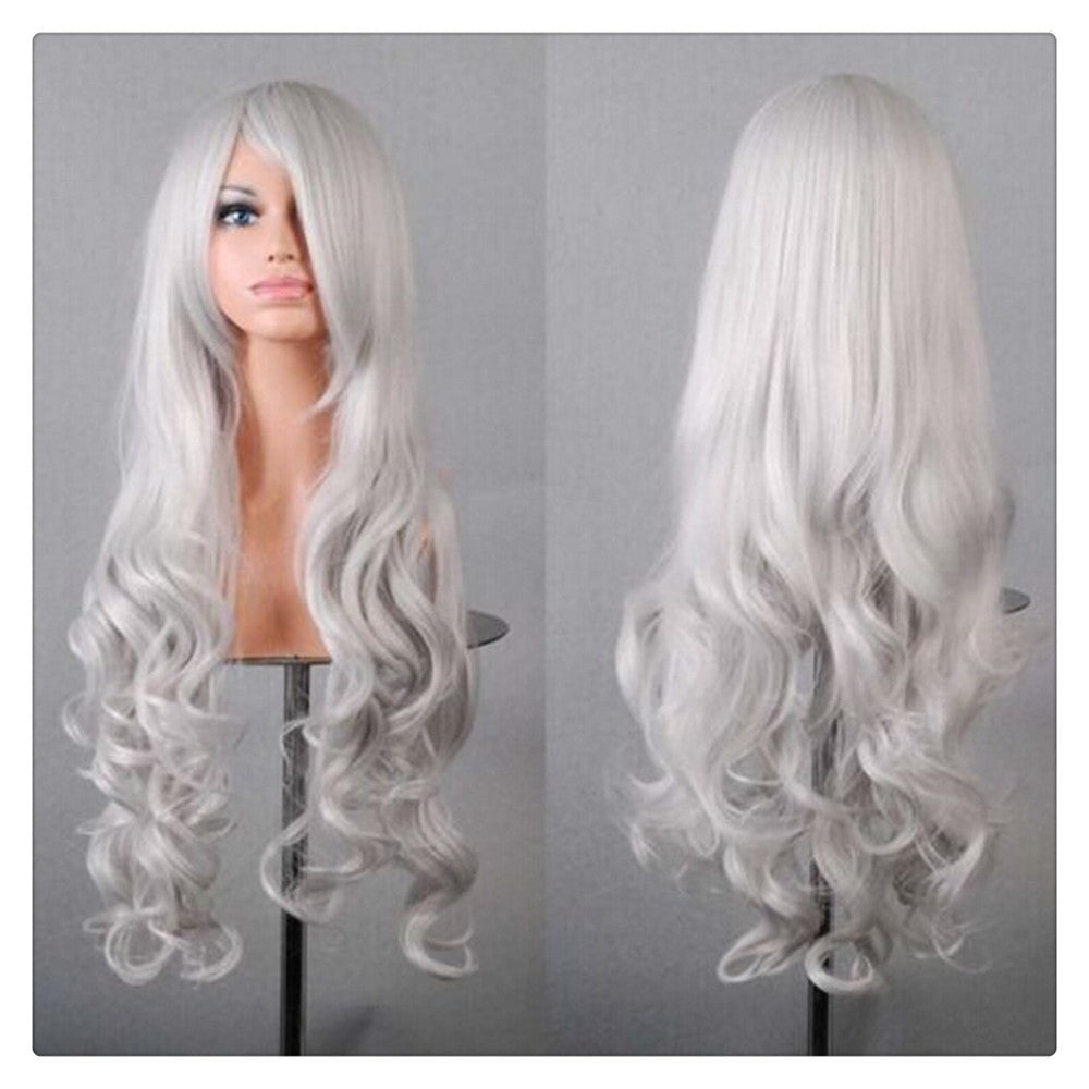 Women New Fashion Women Girl 80cm Wavy Curly Long Hair Full Cosplay Party Sexy Lolita wig  silver gr