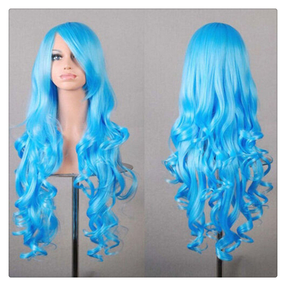 Women New Fashion Women Girl 80cm Wavy Curly Long Hair Full Cosplay Party Sexy Lolita wig  Blue