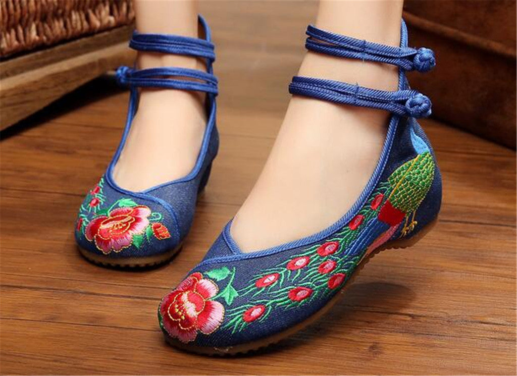 Chinese Embroidered Shoes Women Ballerina  Cotton Elevator shoes Double Pankou Blue