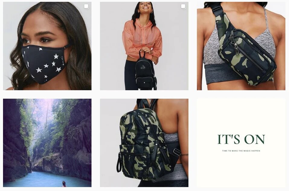 Girl model with backpack, belt bag and wearing face mask in a collage