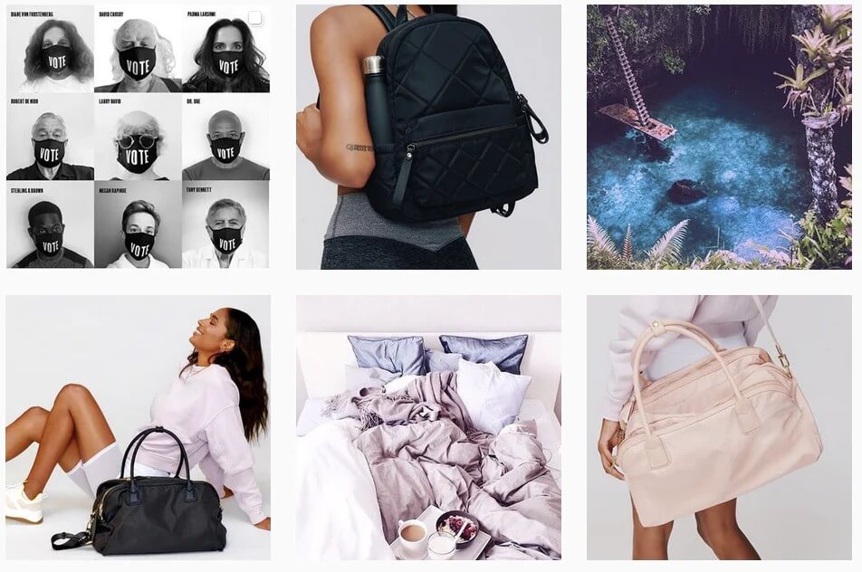 Girl Model with backpack, bags and face mask in a collage