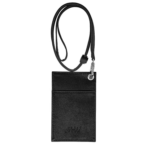 Lanyard Card Holder<br>Black Real Leather