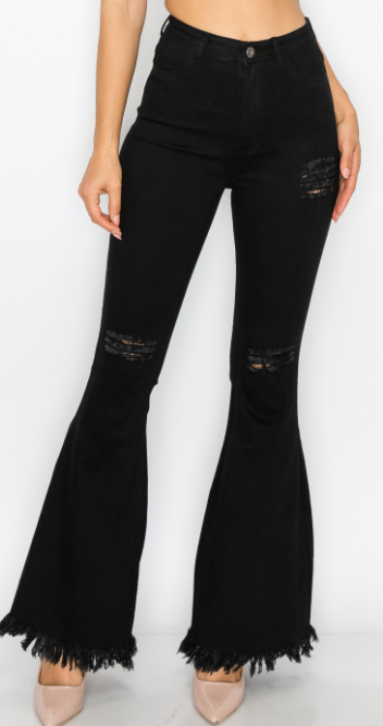 La Quebradora Fringe High Rise Flare Jeans (Black)