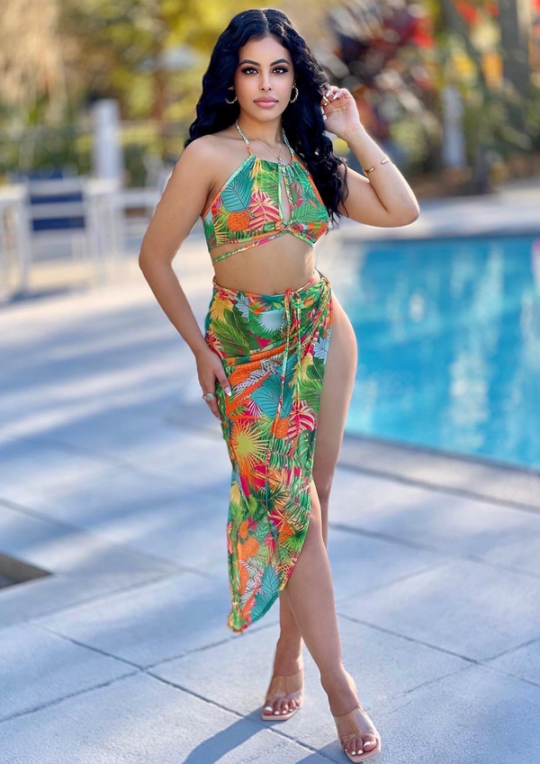 Brooke Tropical Print Bikini And Cover Up Skirt Set - vatlieuinphun