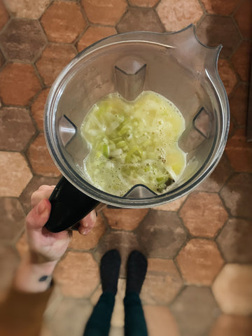 Cauliflower and leeks and broth all in the blender